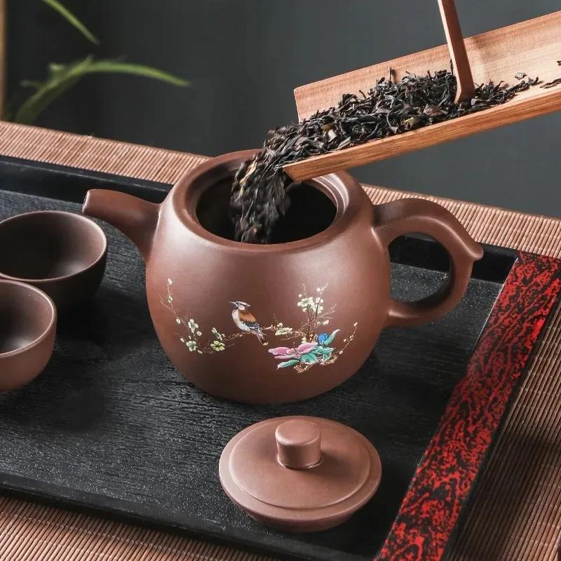 Yixing Fialové hliněné čajové konvice Velkokapacitní Květiny a ptáci Čajová konvice Ručně vyráběná Zhu Mud Dragon Vzor Čajový infuzér Čínský čajový set