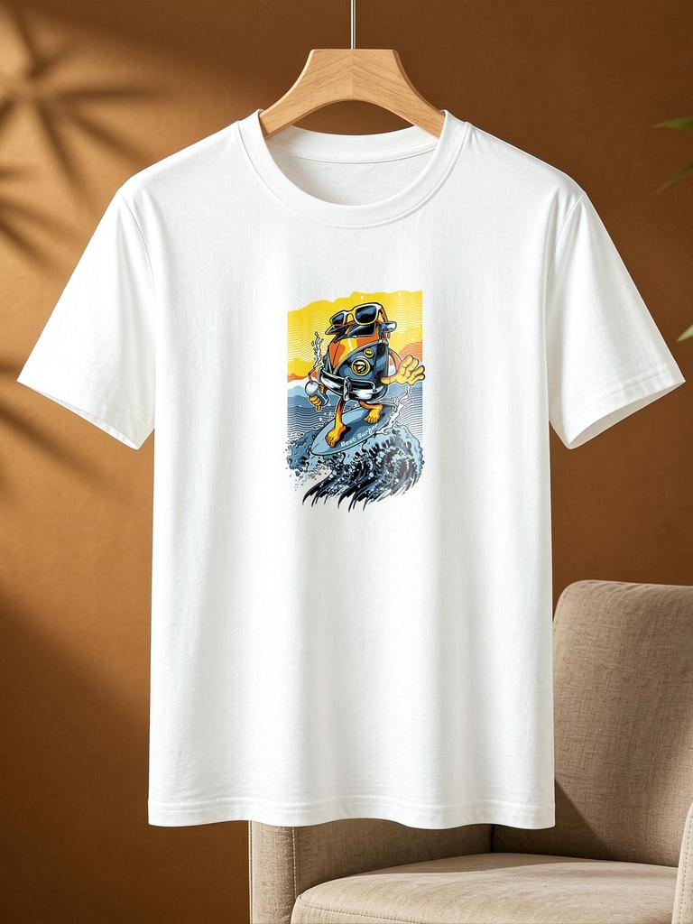Funny Surfing Frog Print Casual Soft Short Sleeve Top Fashion Comfortable All-match Unisex Daily Tee
