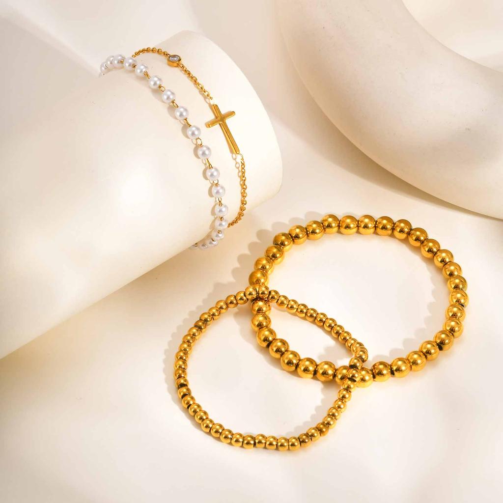 Women's Stainless Steel Beaded Ball Bracelet, Pearl Bracelet, Non-Tarnish Stackable Jewelry Adjustable Wedding Accessories