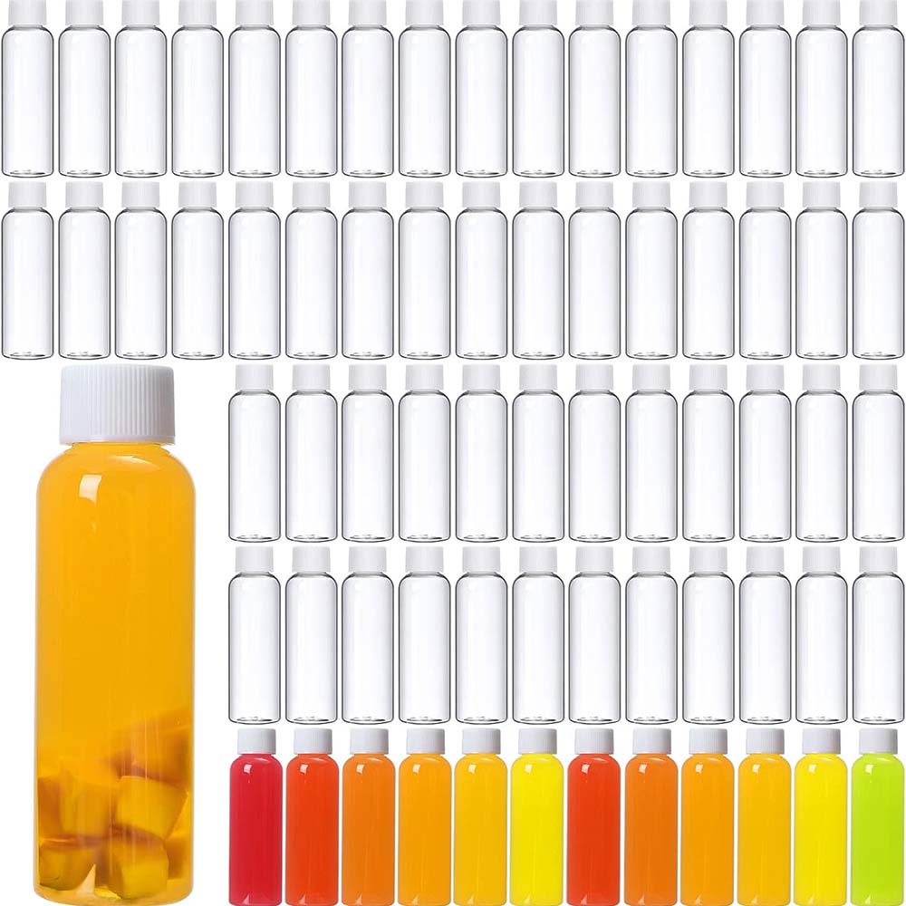 100 Pcs 2oz Clear Plastic Bottles Mini Juice Bottle with Screw Lid Small Empty Reusable Liquid Vial Freezer Beverage Container