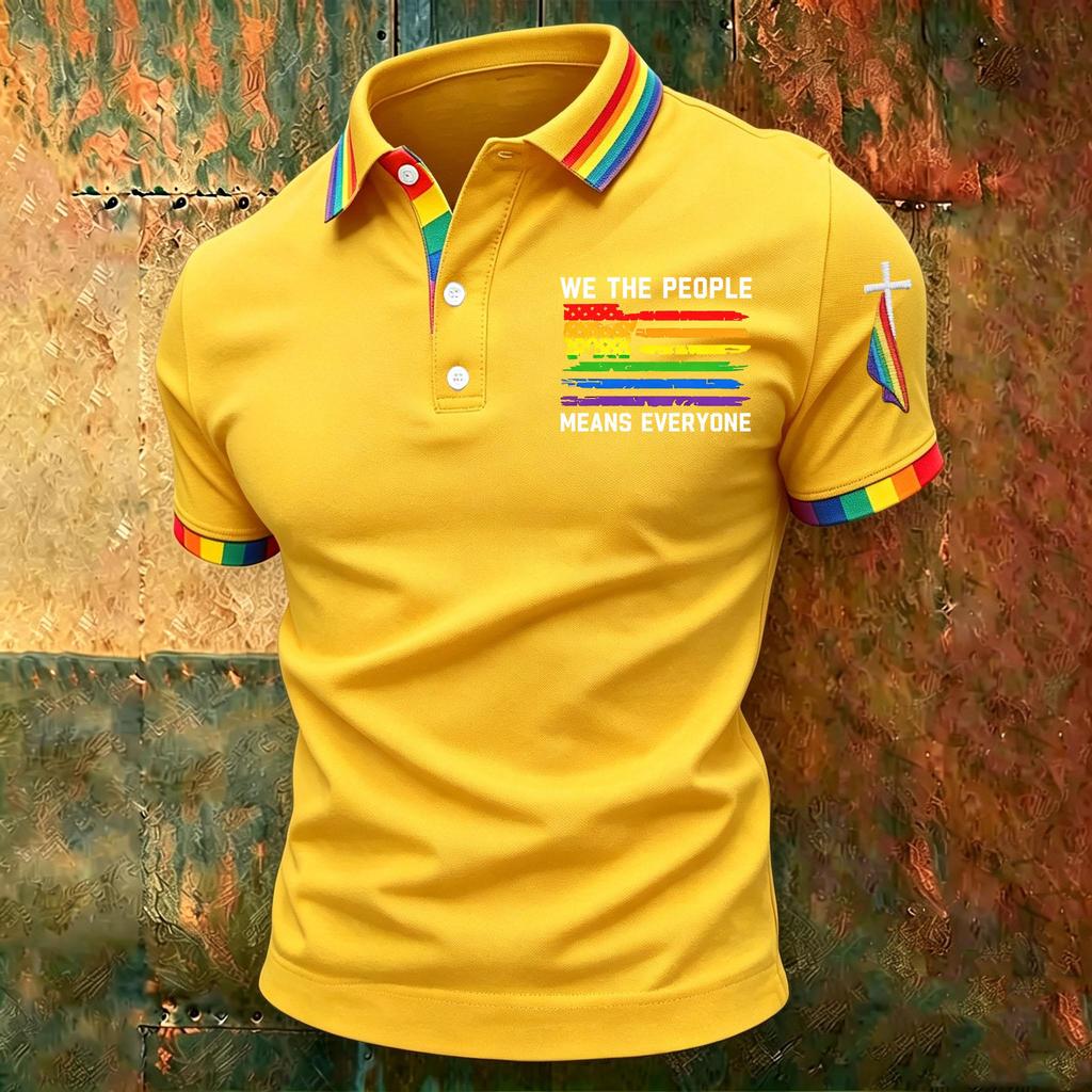 Men's Casual Polo Shirt Short Sleeve Gradient Print Classic Fit Button Down Collar Soft Breathable Fabric Top