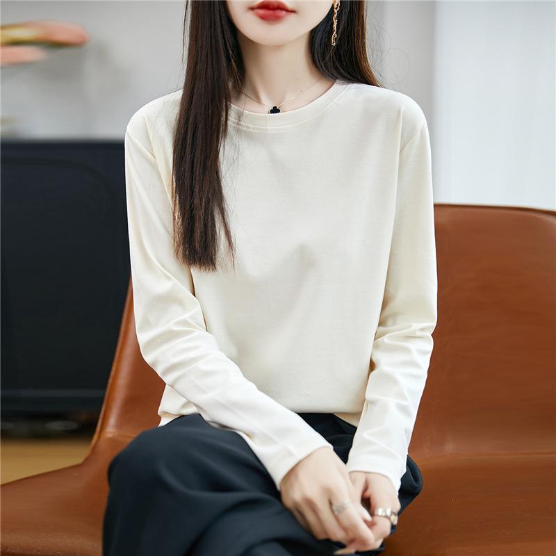 Women's Crew Neck Long Sleeve T-Shirt Regular Fit Elegant Lady Style Mercerized Cotton Solid Color Spring Casual Versatile Basic Layering Top