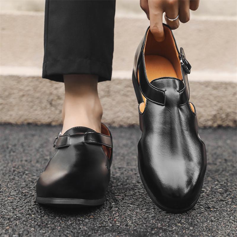 Fashion Summer New Business Sandals Black Brown PU Breathable Hollow Roman Buckle Formal Sandals Size 38-46 Men Sandals