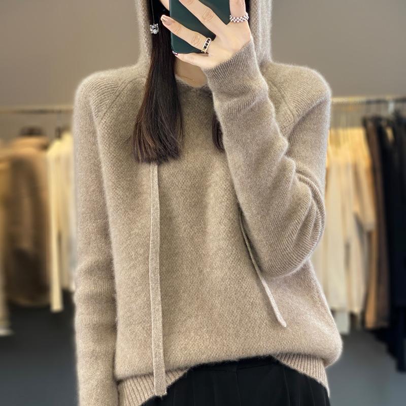 Autumn and winter pure wool sweater women's pure wool knitted hooded sweater pullover cashmere sweater fine wool