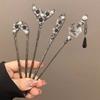 Chinese Court Style Flower Hairpin Ink Colored Flower Tassel Metal Hair Stick For Women Elegant Exquisite Jewelry Hair Accessory