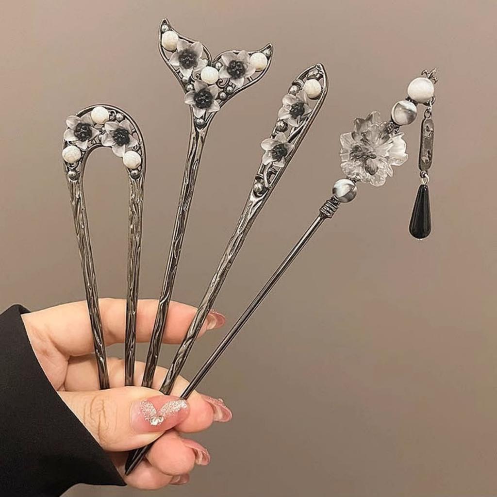 Chinese Court Style Flower Hairpin Ink Colored Flower Tassel Metal Hair Stick For Women Elegant Exquisite Jewelry Hair Accessory