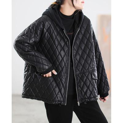 Jaqueta de Couro com Capuz Acolchoada Grossa Solta Versão Coreana Feminina 100Kg Tamanho Grande Feminina Nova Jaqueta de Inverno Tendência Feminina