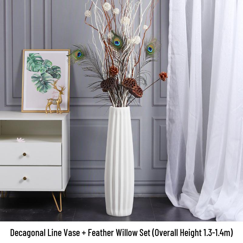 Nordic Minimalist Ceramic White Floor Vase for Dried Flowers and Lucky Bamboo, Living Room Decor