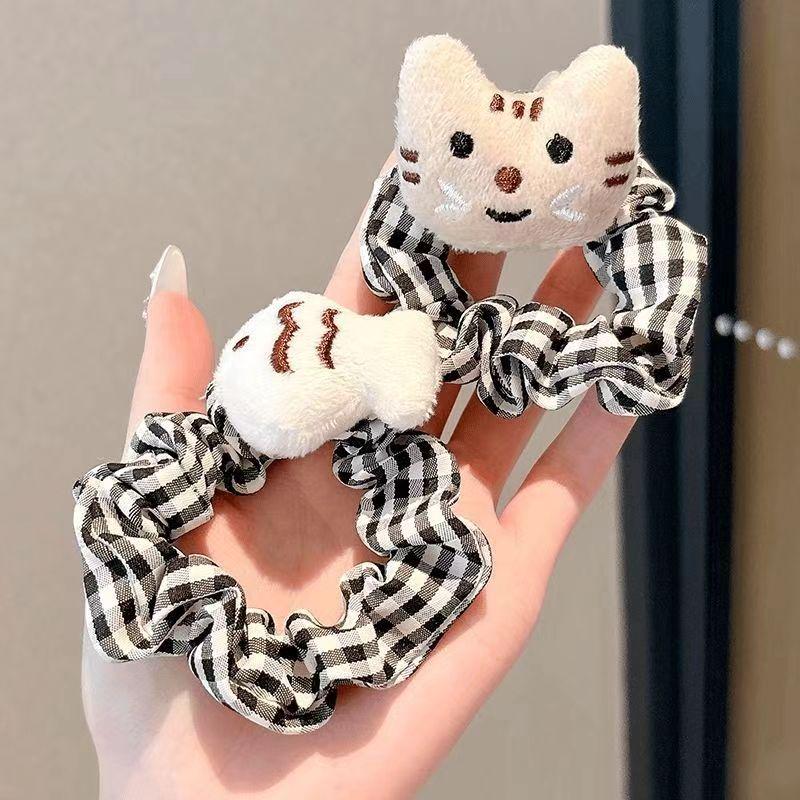 Autumn & Winter Cute Cat Eating Fish Doll Plaid Headband & Cartoon Hair Rope Accessories