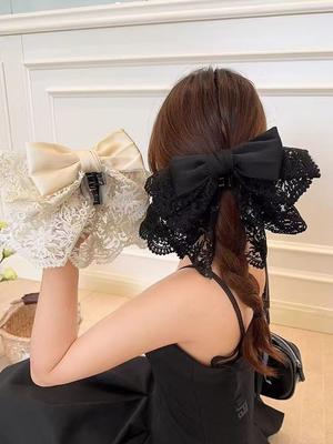 1pc French Elegant Ballet Style Lace Satin Bow Ponytail Hair Clip, Gentle and Sweet Shark Clip Hair Ornament On the Back of Head