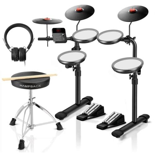 MK-0 Mesh Electronic Drum Set with 4 Mesh Electronic Pads, 5-inch Kick Drum, 12 Kits and 68 Authentic Sounds, USB MIDI, Throne, Sticks, Headphones, an