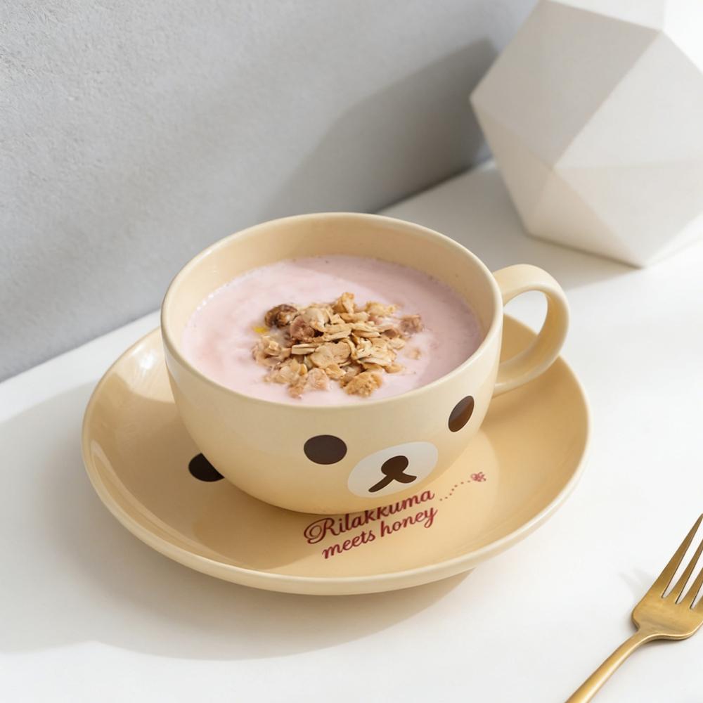 Cartoon Bear Face Coffee Mug Set Kawaii Ceramic Cup and Saucer for Milk Tea Aesthetic Japanese Style Large Capacity Tableware