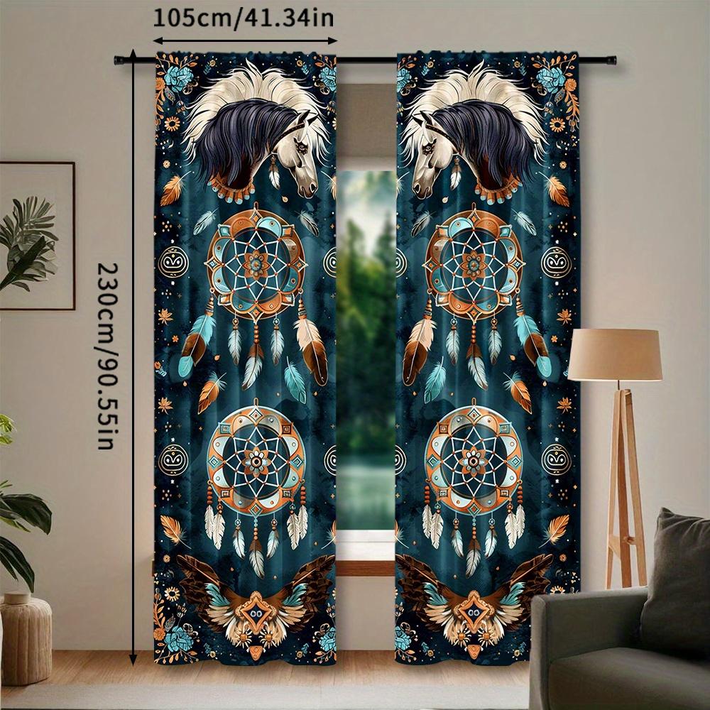2-Piece Southwest Tribal Horse Dreamcatcher Pattern Curtains - Modern Polyester Pongee Semi-Sheer Window Drapes for Living Room