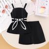 Modisches schwarzes Outfit für Mädchen - Sommer Kinder Einfaches Neckholder-Top + Weitbeinige Shorts Set