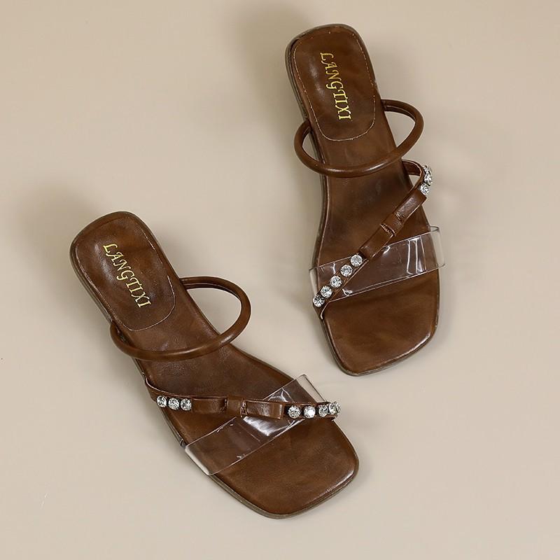 Fashion sandals bow new style wind pearl one-word transparent belt women's large size square head high-heeled slippers