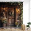 Cortina de Chuveiro Porta de Madeira Marrom Celeiro de Fazenda Floral Planta Madeira Rodas Tecido Poliéster Casa Banheiro Cortinas Decoração com Ganchos