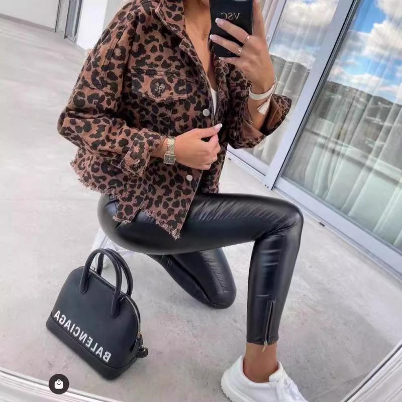 Leopard Print Long Sleeve Denim Short Jacket 2024