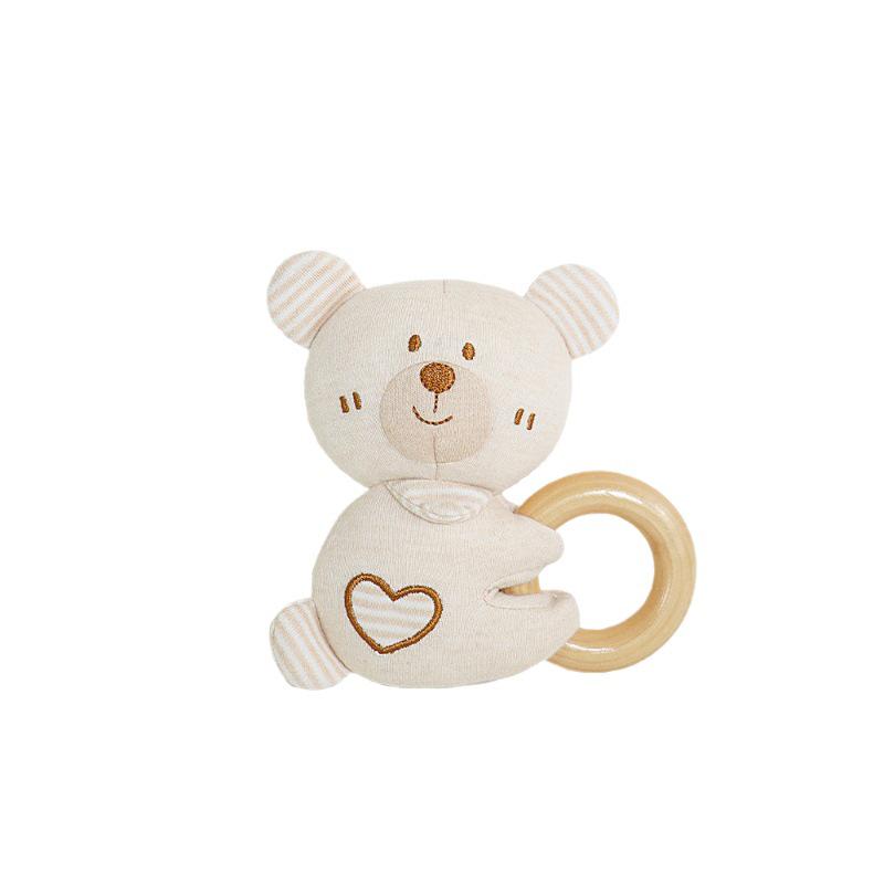 Organic Cotton Baby Teether & Rattle with Wooden Ring and Soothing Bell.