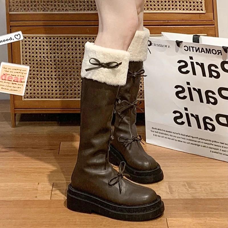 Autumn Winter Short Plush Woman Knee High Boot Fashion Butterfly-knot Knight Long Booties Thick Bottom Botas Feminino