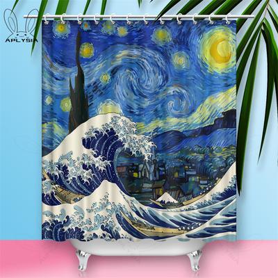 Cortina de Chuveiro de Luxo Japonesa Ukiyoe Van Gogh Céu Estrelado para Janela de Banheiro Tecido Impermeável Poliéster com Ganchos Acessórios