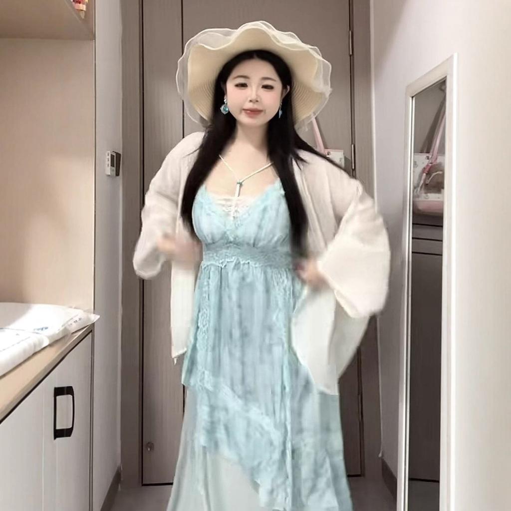 Large Size Fat Mm Suspender Dress Summer Suit Design Lace Lace Gentle Tie-dye Long Dress Slim Cardigan