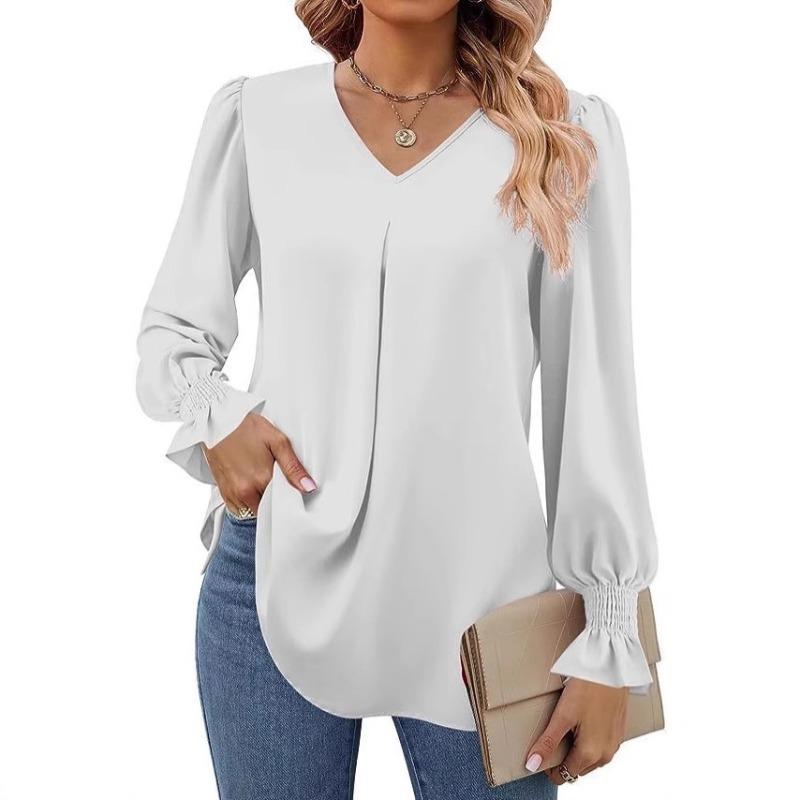 Damen Einfarbig Chiffon Pullover V-Ausschnitt Pullover Ausgestellt Langarm Bluse Bluse