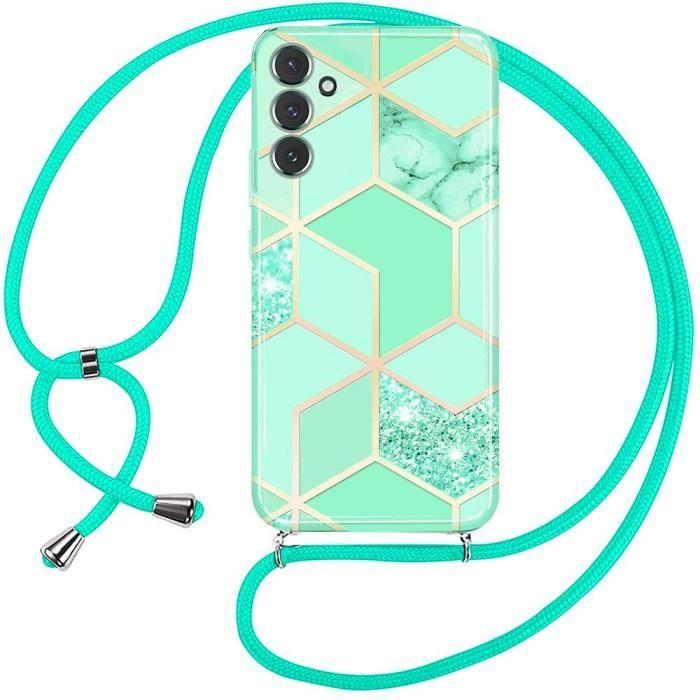 Coque de protection - BOOLING - pour Samsung Galaxy S24 Plus - Antichoc - Motif marbre turquoise - Bandoulière