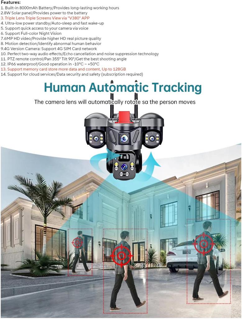 HD 4G Solar-Powered Outdoor Surveillance Camera with Tri-Lens, WiFi, Night Vision, Remote Access, and Waterproof Design for Home Use
