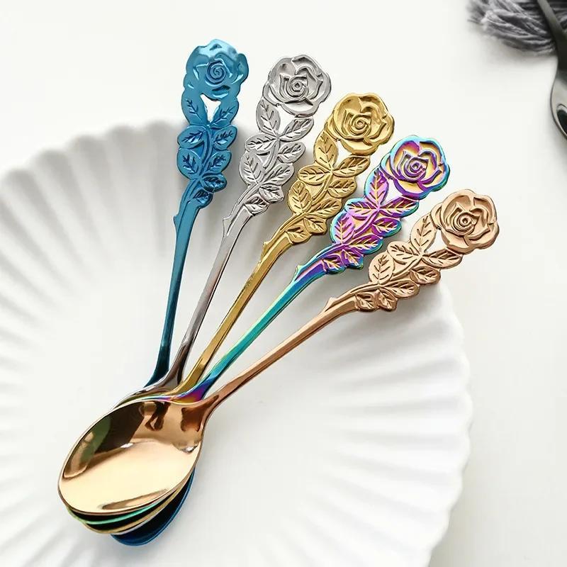 1 Pc Stainless Steel Rose Spoon Flower Handle Coffee Tea Small Stirring Ice Cream Dessert Spoon Household Kitchen Supplies