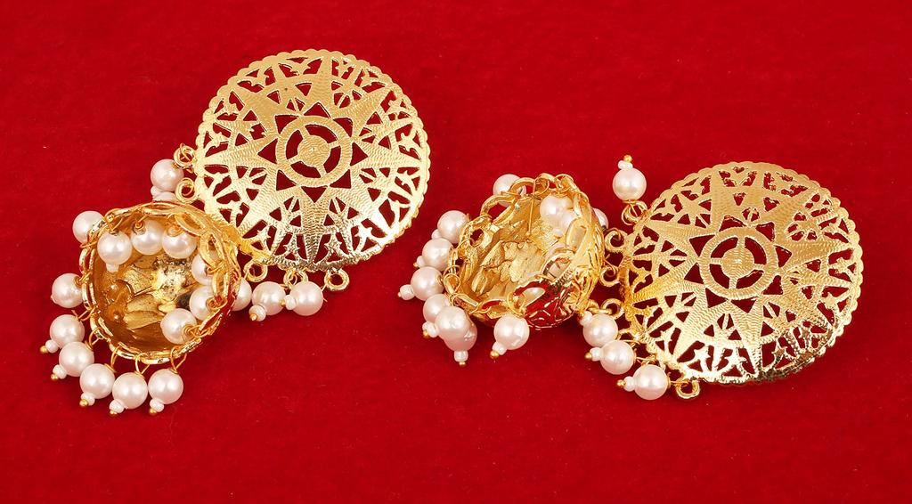 Touchstone Indian Bollywood Innovative Finely Embossed Architectural Style Bridal Chandelier Jewelry jhumki earrings hung with tassel pearl tassels