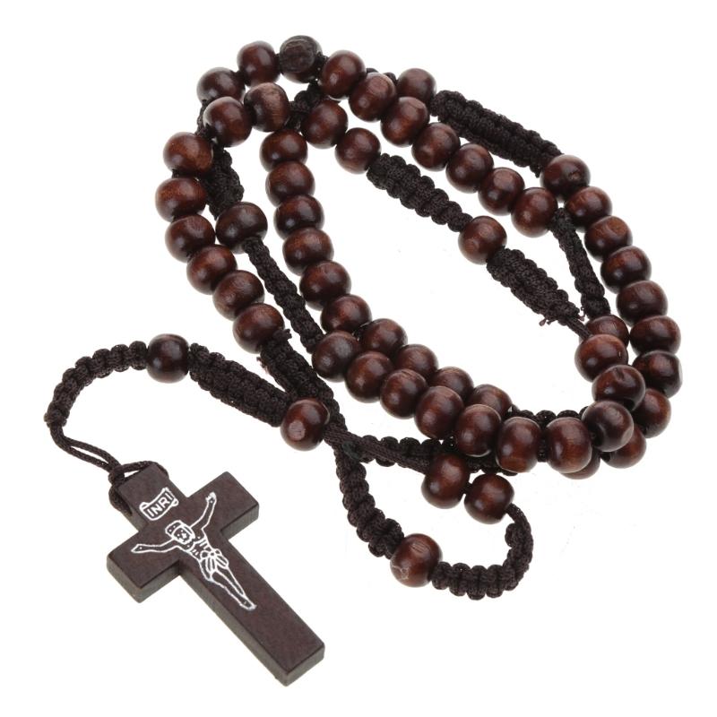 Wood Beads Cross Rosary Necklace Hangable Pendant Crafts Long Bead Chain for Christmas Party Church Decorations