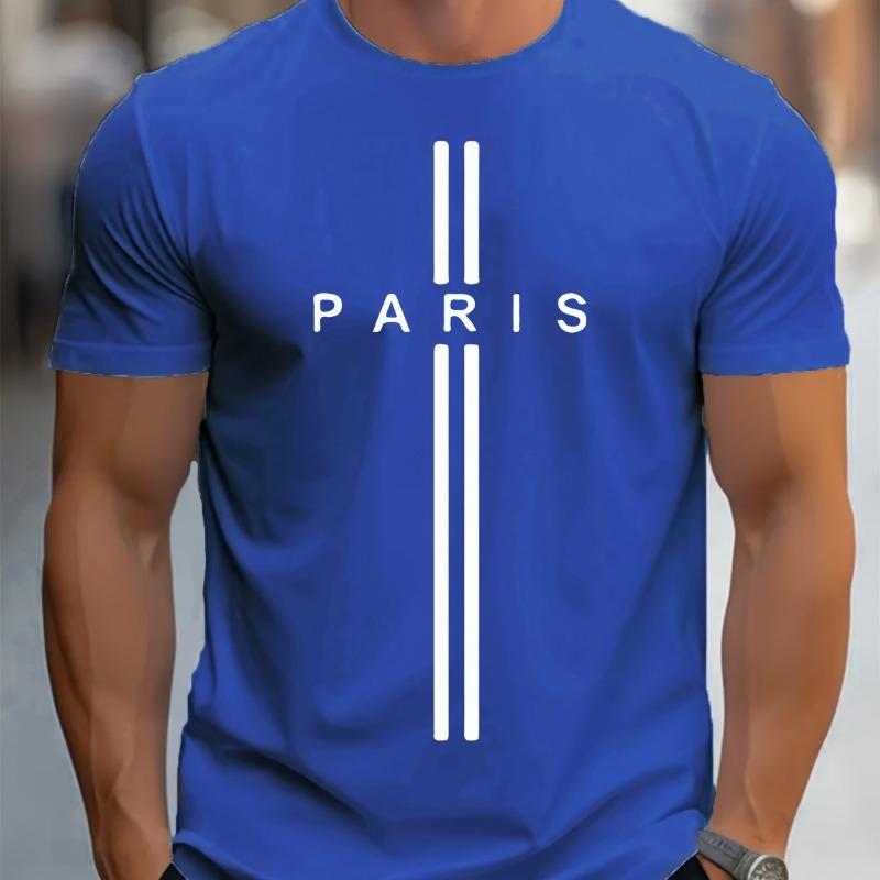 Men's Summer Loose Size PARIS Letter Graphic Printed Slim Fit Casual Sports Round Neck Short Sleeved T-shirt Top