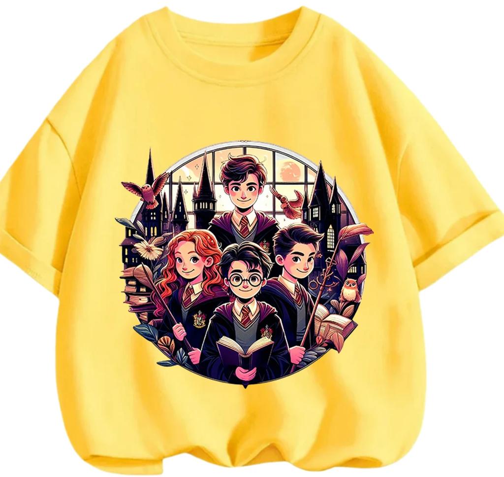 Trendy Cartoon Harry Potter Pattern Tee Summer Casual Crew Neck Children Daily Wearing Apparel