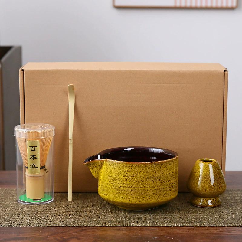 1-4PCS New Ceramic Matcha Bowl Set With Pouring Spout Reusable Tea Whisk Holder Food Grade Handmade Japanese Green Tea Bowl