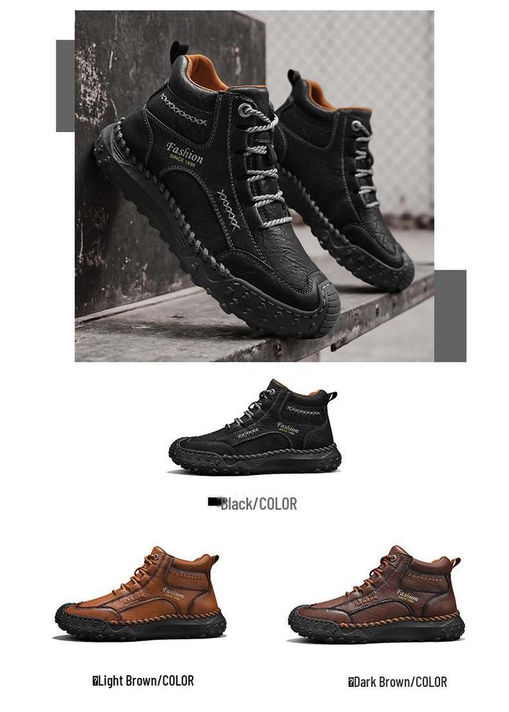 Men's Plus Size Handmade Leather Mid-top Boots - Thick Sole, Lace-up, Outdoor Casual