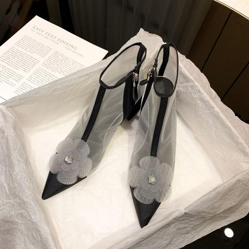 Fashion FHC Women Camellia Flower Mesh Boots,Short Botas,Summer Shoes,Pointed Toe,Side Zip,Europea Style,33-40,Grey,Black,Pink,Dropship