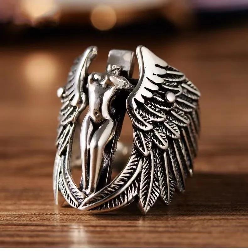 Retro Goth Black Color Angel Demon Wing Rings for Men Women Personality Adjustable Stainless Steel Couple Rings Punk Jewelry