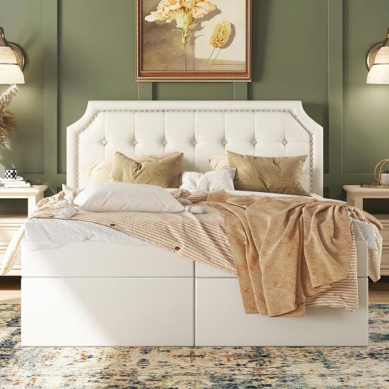 140x200cm Polsterbett, Doppelbett mit Metallrahmen Lattenrost, Großer Stauraum, Von beiden Seiten zu öffnen, Weiß