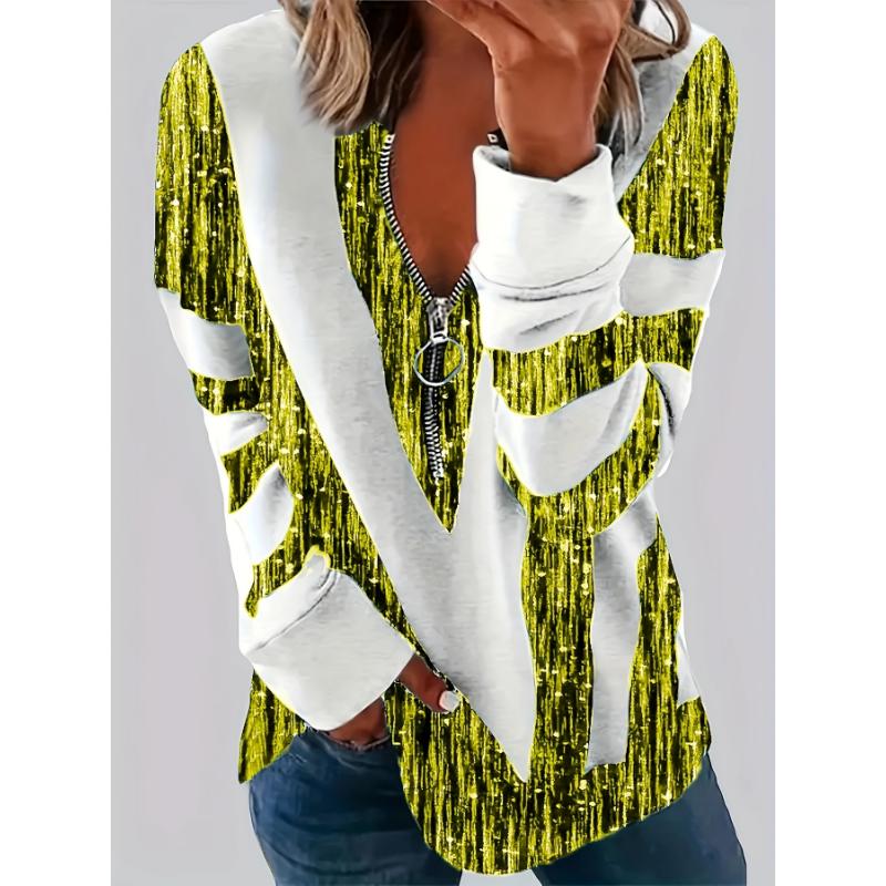 

Цветной блок, полосатый принт, футболка на молнии спереди, повседневный топ с длинным рукавом для весны и осени, женская одежда 2XL