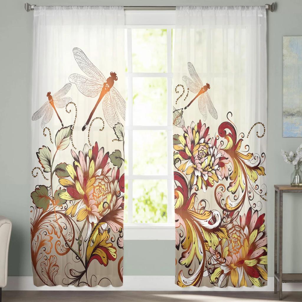 Dragonfly Flowers Curtain Living Room Voile Window Blinds Bedroom Tulle Drape Kitchen Cortinas Hall Curtains Light Filtering Polyester Ideal For Great