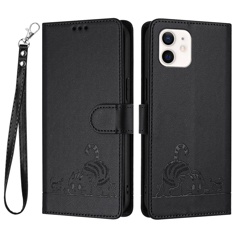 For iPhone 12/12 Pro Case with Strap RFID Blocking Leather Wallet Phone Cover Cat Mouse Pattern