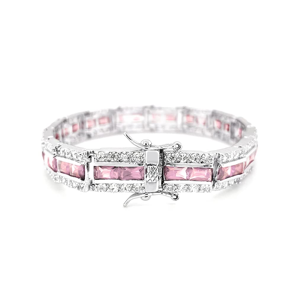 

LAVINA Tennis Bracelet, Pink CZ Round Cut, Platinum Plated, Women s (Pink)