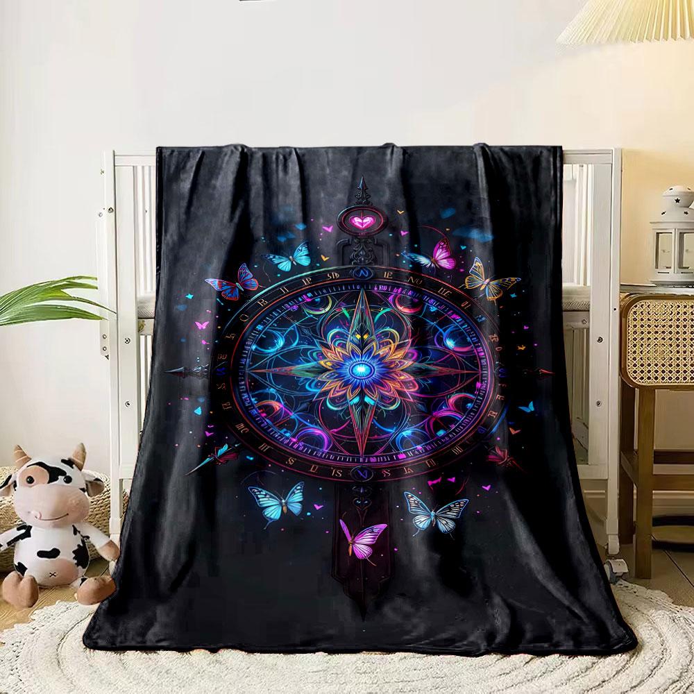 

A glowing, intricate compass rose surrounded by vibrant butterflies. for all seasons blanket lunch break throw gift 80cm x 120cm
