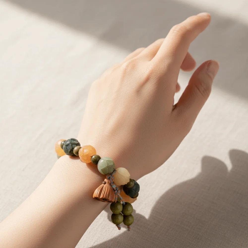 Charm Jewelry Tibetan Buddha Bracelet Natural Resin Lotus Charm Bodhi Lotus Bracelet Tassel Lucky Wooden Beads Bracelet