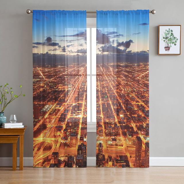 Hof Stadt Nacht Ansicht Tüll Vorhänge für Wohnzimmer Schlafzimmer Küche Dekor Transparent Chiffon Sheer Voile Fenster Vorhang