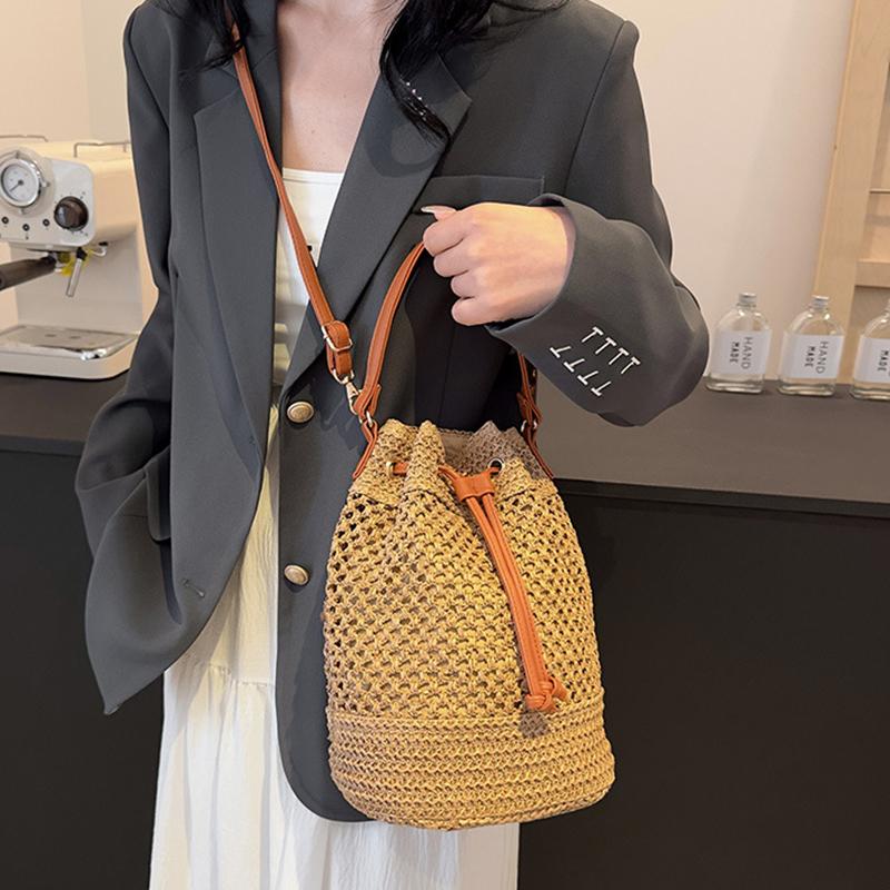 Yazlık Hasır Omuz Çantaları İpli Kadın El Dokuması Kova Çanta Rafya Örgü El Çantaları Günlük Tote Bayan Plaj Çapraz Askılı Çanta