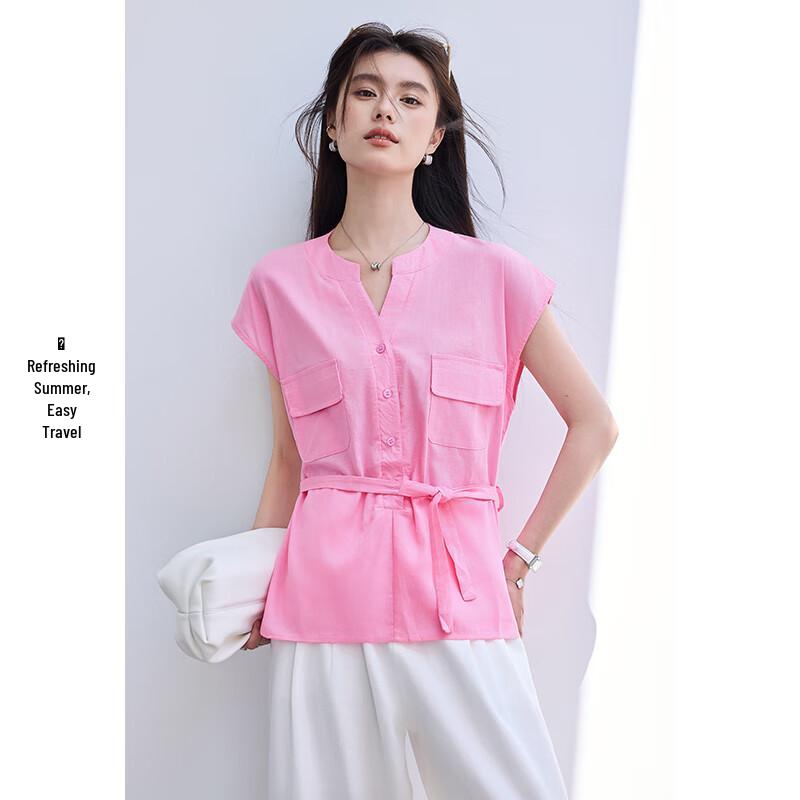 VICTORIA&VERA Women's Summer V-Neck Sleeveless Blouse with Adjustable Tie