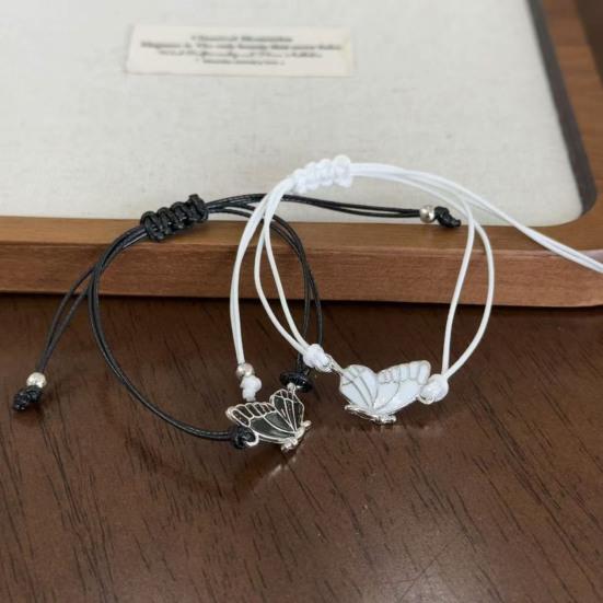 2Pcs/Set Couple Bracelet Adjustable Wax Rope Butterflies Pendant Friendship Love Bracelet with Blessing Card Bestie Matching Jewelry