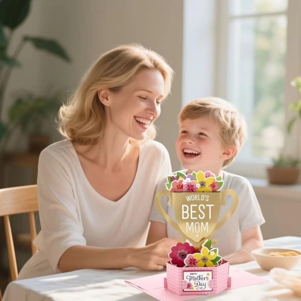Romantic Mother's Day Greeting Card Blessing Creative 3D Award Cup Greeting Cards Paper Sculpture with Envelope