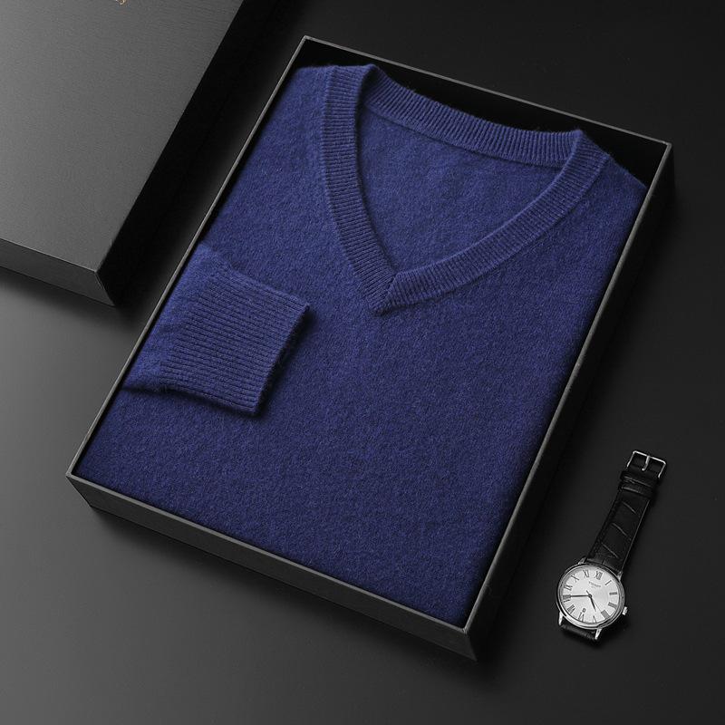 Men's V-Neck Cashmere Sweater, Plus Size, Long Sleeve, Solid Color, Wool Knit, 2023 Autumn/Winter Collection.